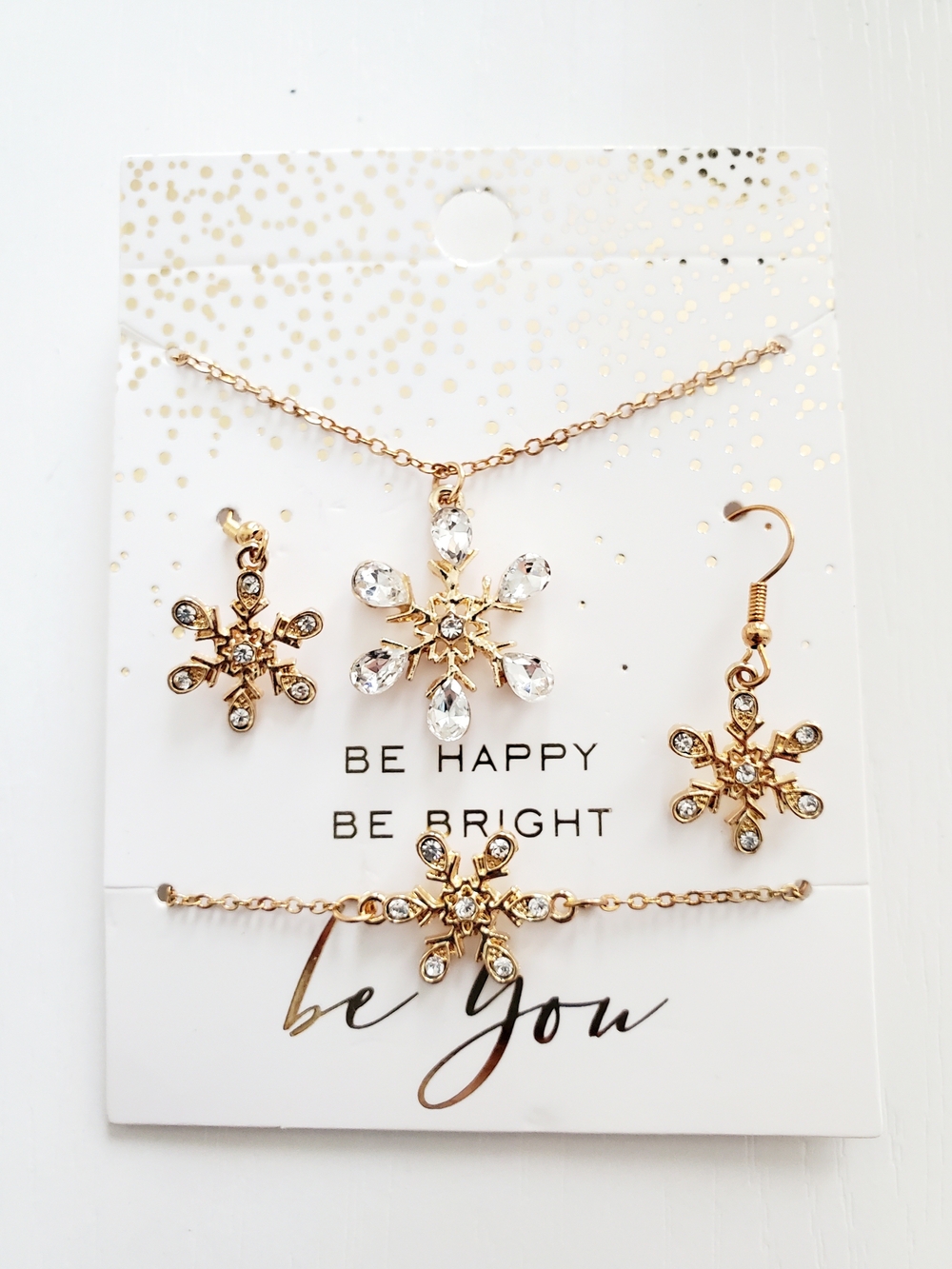 Be You Gold Snowflake Necklace, Bracelet & Earring Set – Gold with Clear Stones